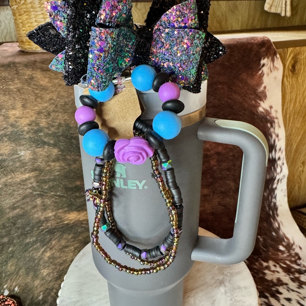 Stanley bow topper bracelet stack handle charm iridescent black purple set dino